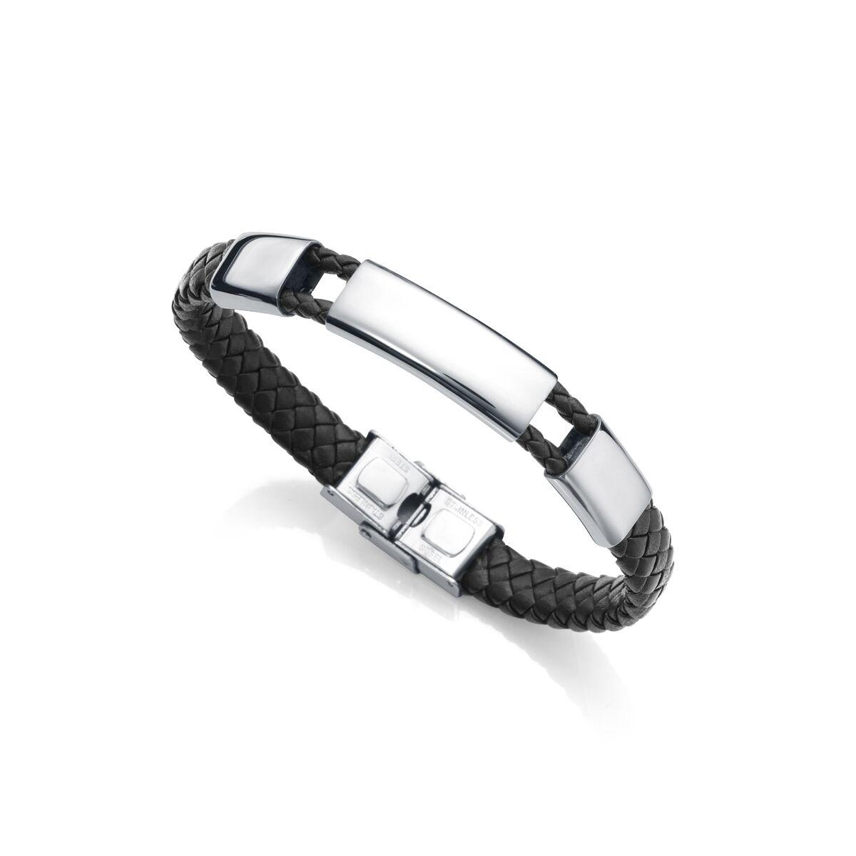 Armbånd til mænd - flettet sort læder og stål, 75293P01010 billede