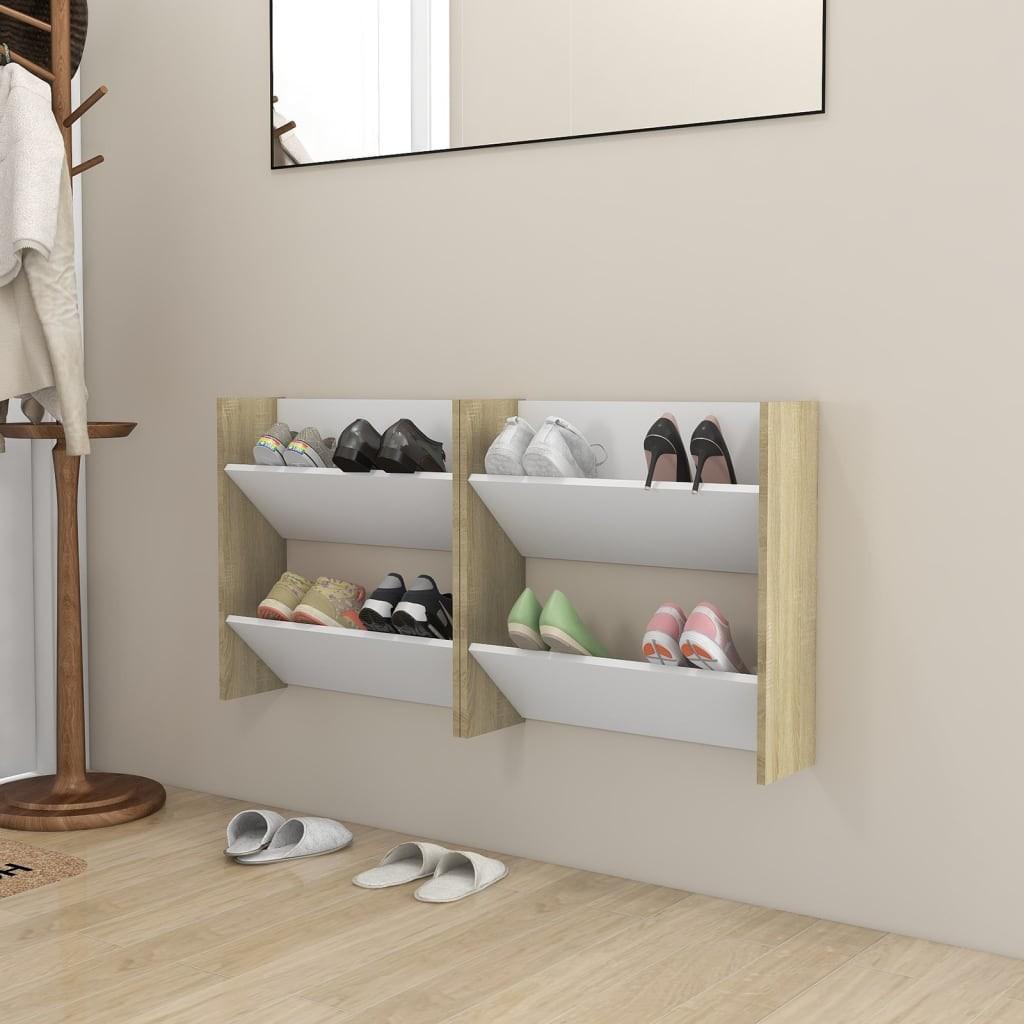 Væghængte skoskabe 2 stk. 60x18x60 cm spånplade hvid sonoma-eg