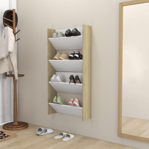 Væghængte skoskabe 2 stk. 60x18x60 cm spånplade hvid sonoma-eg