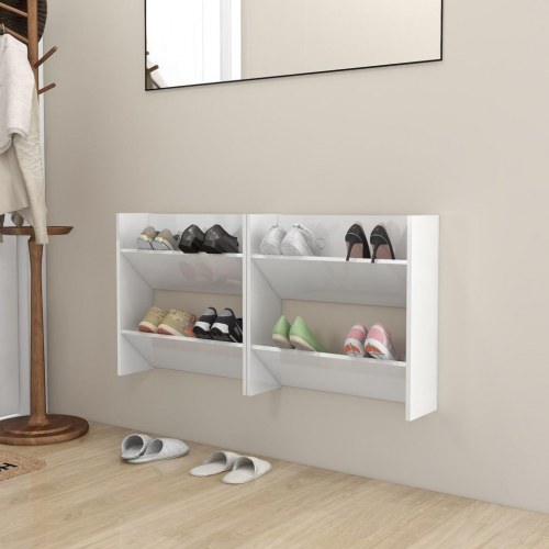 Væghængte skoskabe 2 stk. 60x18x60 cm spånplade hvid højglans