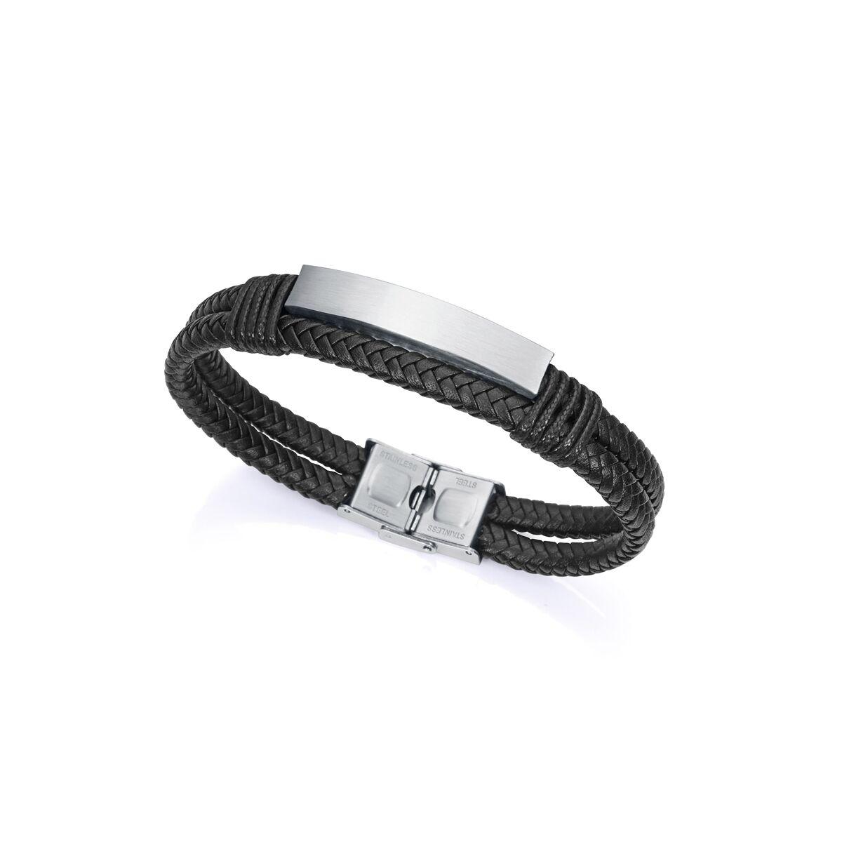 Armbånd til mænd - sort læderlook med stållås billede
