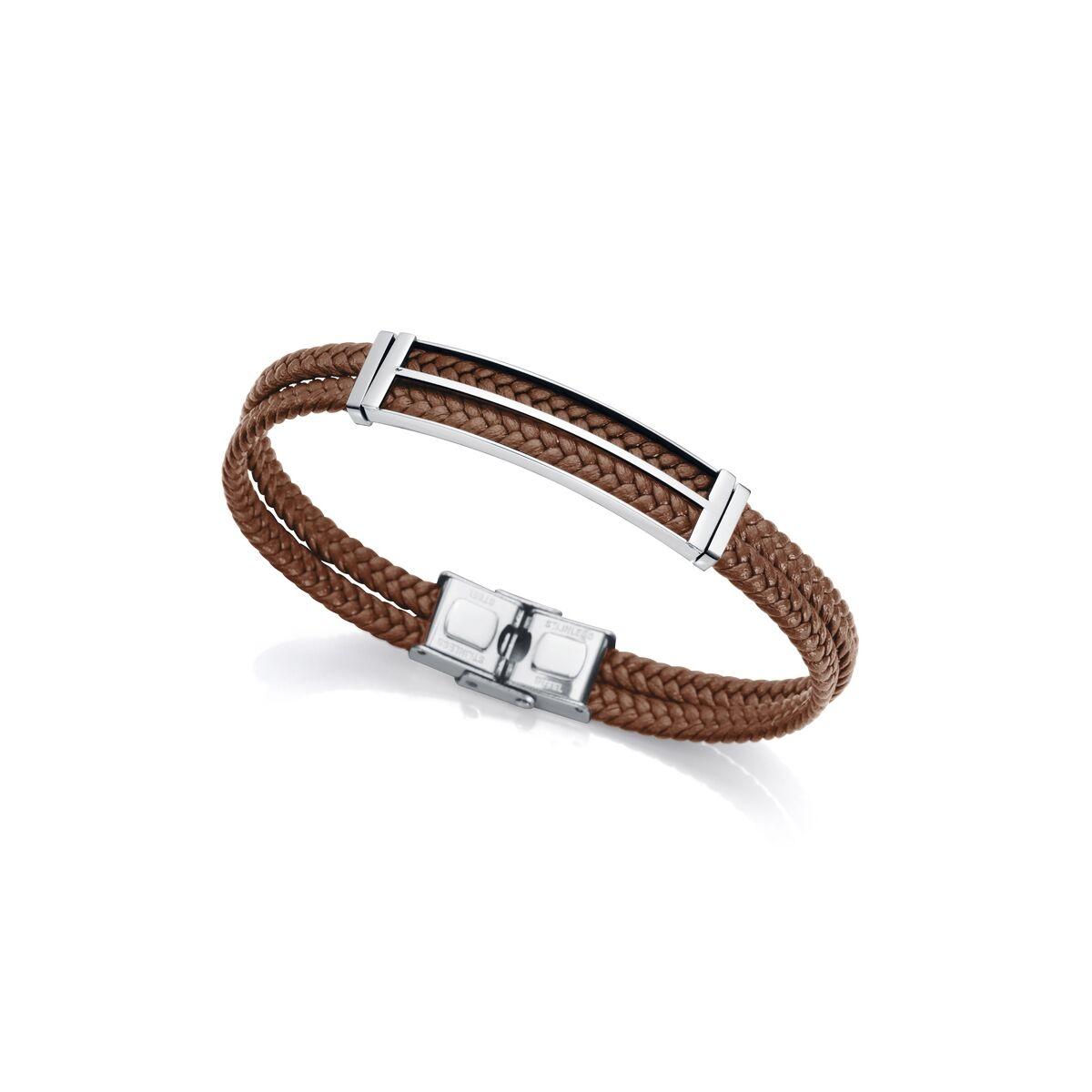 Armbånd til mænd - brun flettet rem, stål-detaljer billede