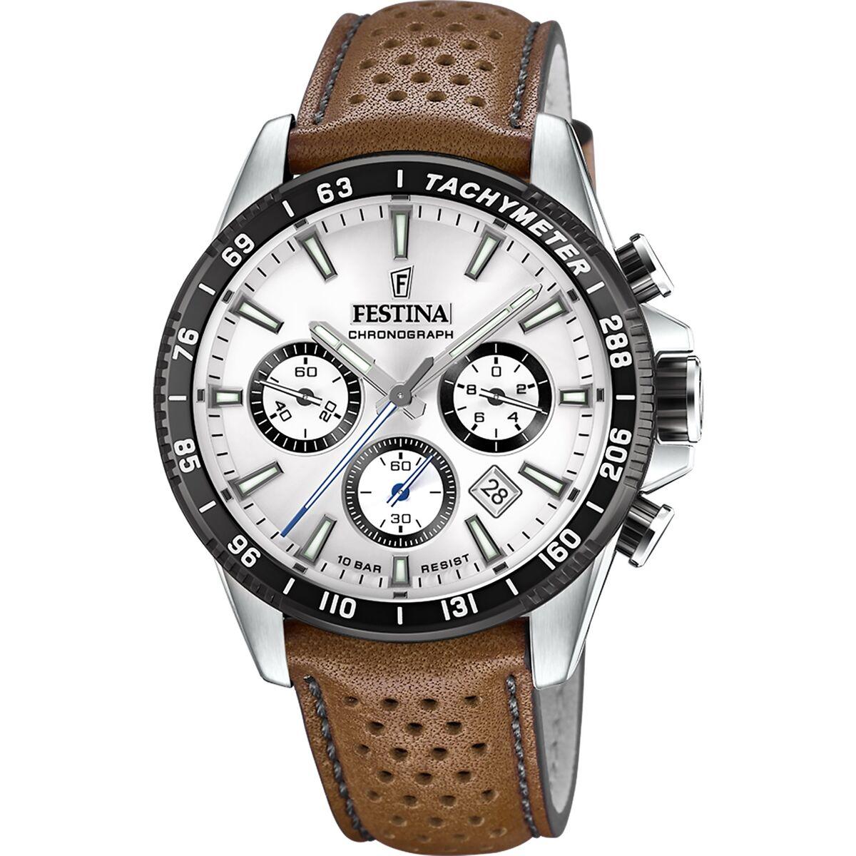 Festina F20561/1 kronograf armbåndsur til børn - hvid skive, brun læderrem 45 mm billede