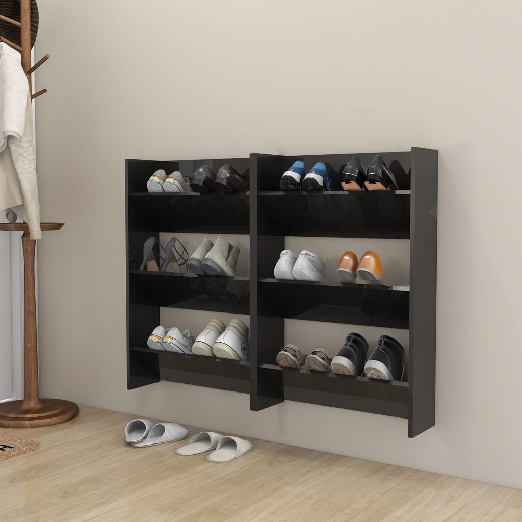 Væghængt skoskab 2 stk. 60x18x90 cm spånplade sort højglans