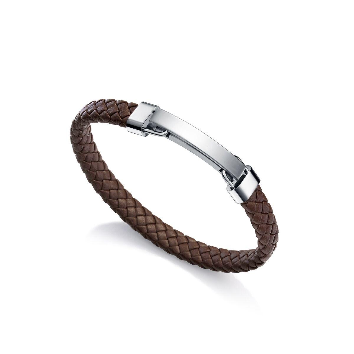 Armbånd til mænd - brun flet med stål-detalje billede