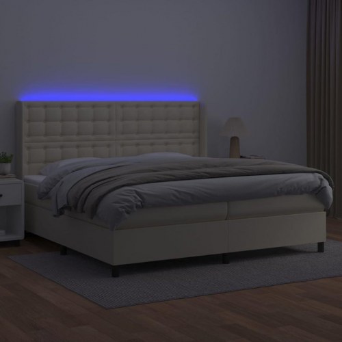 Kontinentalseng med LED-lys 200×200 cm i kunstlæder - cremefarvet