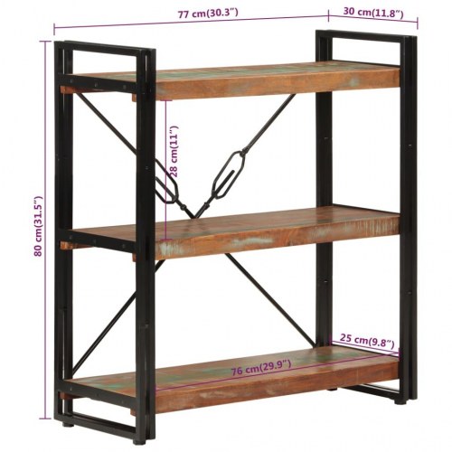 Bogreol med 3 hylder 77×30×80 cm i massivt genbrugstræ og jern