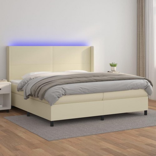 Kontinentalseng med LED-lys 200x200 cm - kunstlæder, cremefarvet