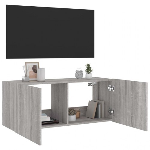 Væghængt tv-bord med LED-lys 100 x 35 x 41 cm - grå sonoma-eg