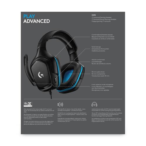 Gaming headset Logitech G432 med mikrofon - sort/blå