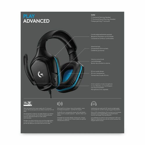 Gaming headset Logitech G432 med mikrofon - sort/blå