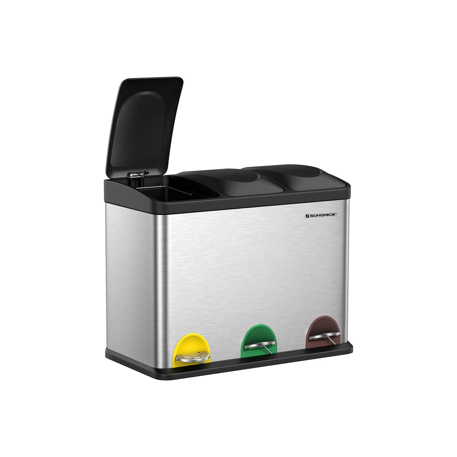 Skraldespand med pedal 45 l affaldssortering i rustfrit stål (3 x 15 l), sølv/sort billede
