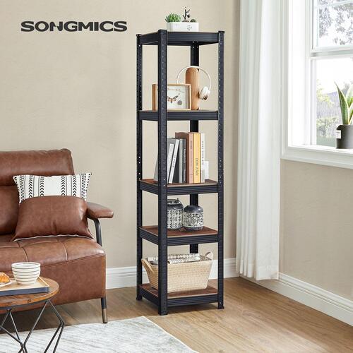 Reolsystem metal med trælook 37×37×150 cm – SONGMICS, 5 hylder, justerbar, 400 kg samlet belastning, rustik brun/sort
