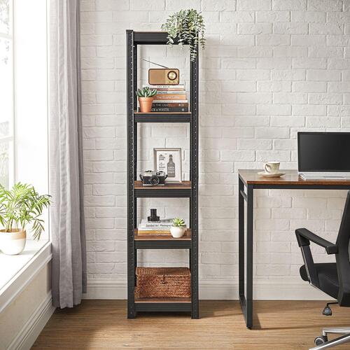 Reolsystem metal med trælook 37×37×150 cm – SONGMICS, 5 hylder, justerbar, 400 kg samlet belastning, rustik brun/sort