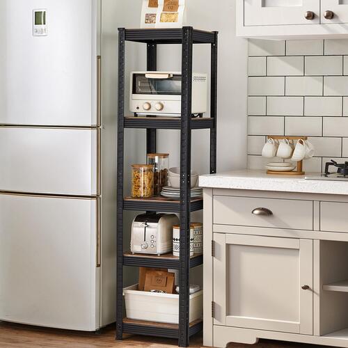 Reolsystem metal med trælook 37×37×150 cm – SONGMICS, 5 hylder, justerbar, 400 kg samlet belastning, rustik brun/sort