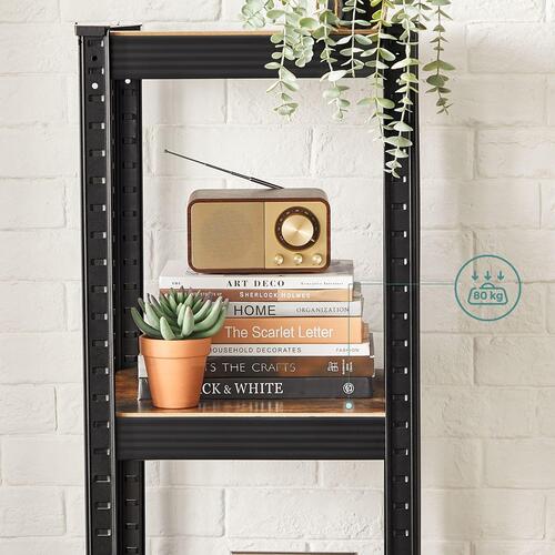 Reolsystem metal med trælook 37×37×150 cm – SONGMICS, 5 hylder, justerbar, 400 kg samlet belastning, rustik brun/sort