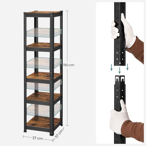 Reolsystem metal med trælook 37×37×150 cm – SONGMICS, 5 hylder, justerbar, 400 kg samlet belastning, rustik brun/sort