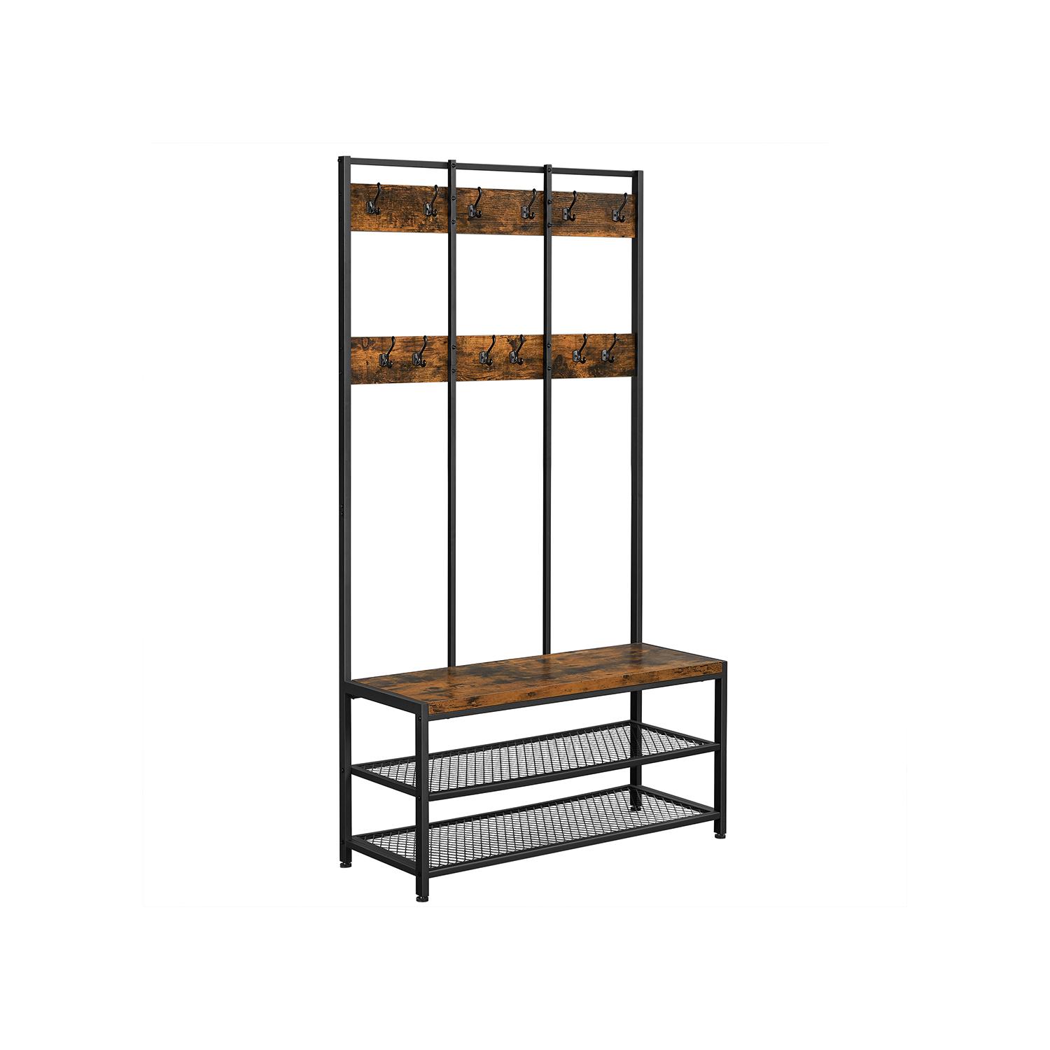 Tøjstativ med bænk – VASAGLE industrielt entrémøbel, 12 kroge, skobænk, rustik brun/sort (HSR86BX)