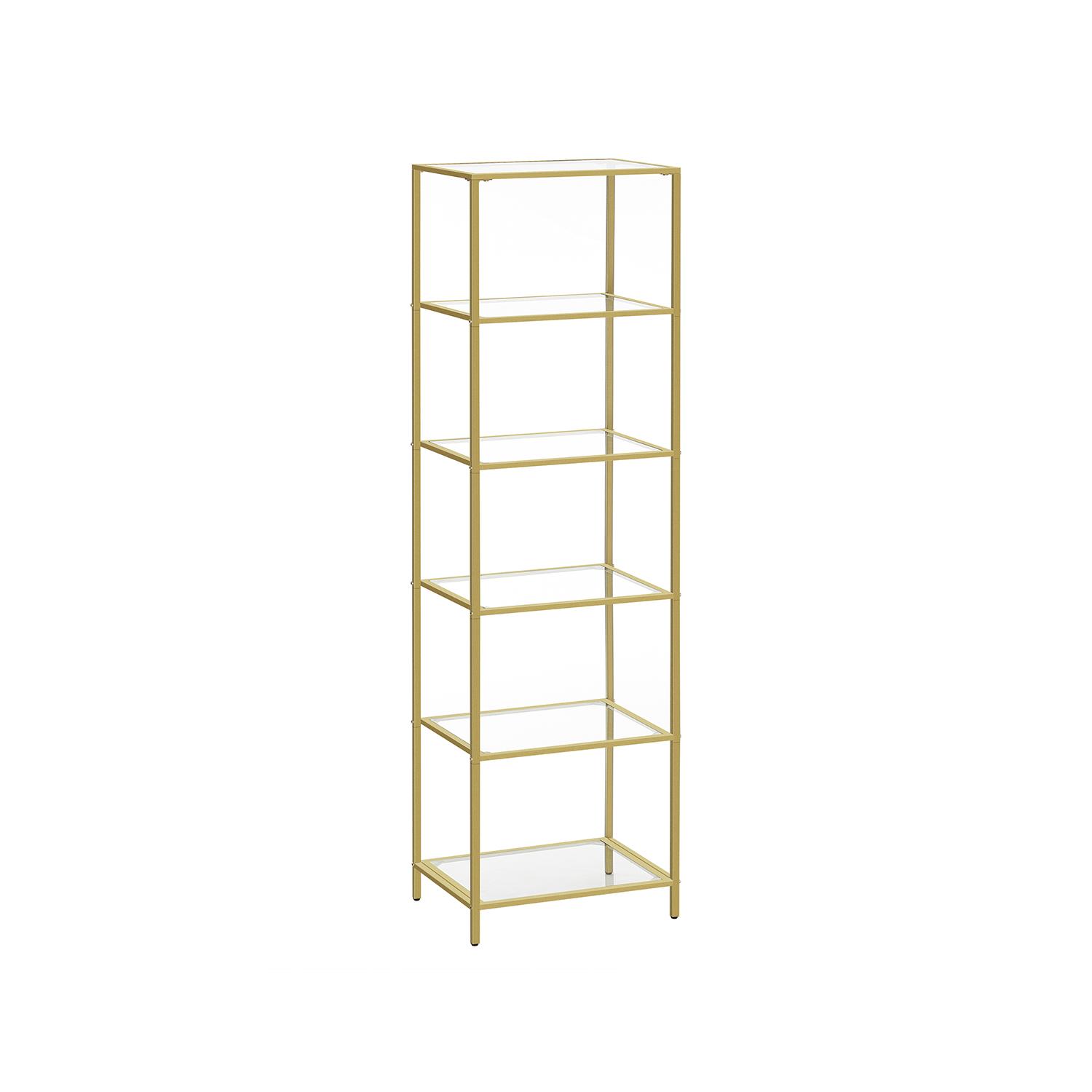 Bogreol med 6 hylder – VASAGLE, slank reol i hærdet glas og stål, metallic guld (LGT500A01)