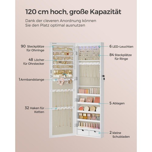 Smykkeskab med spejl væg-/dørhængt, låsbart, hvid med træstruktur og beige for, JJC093W01