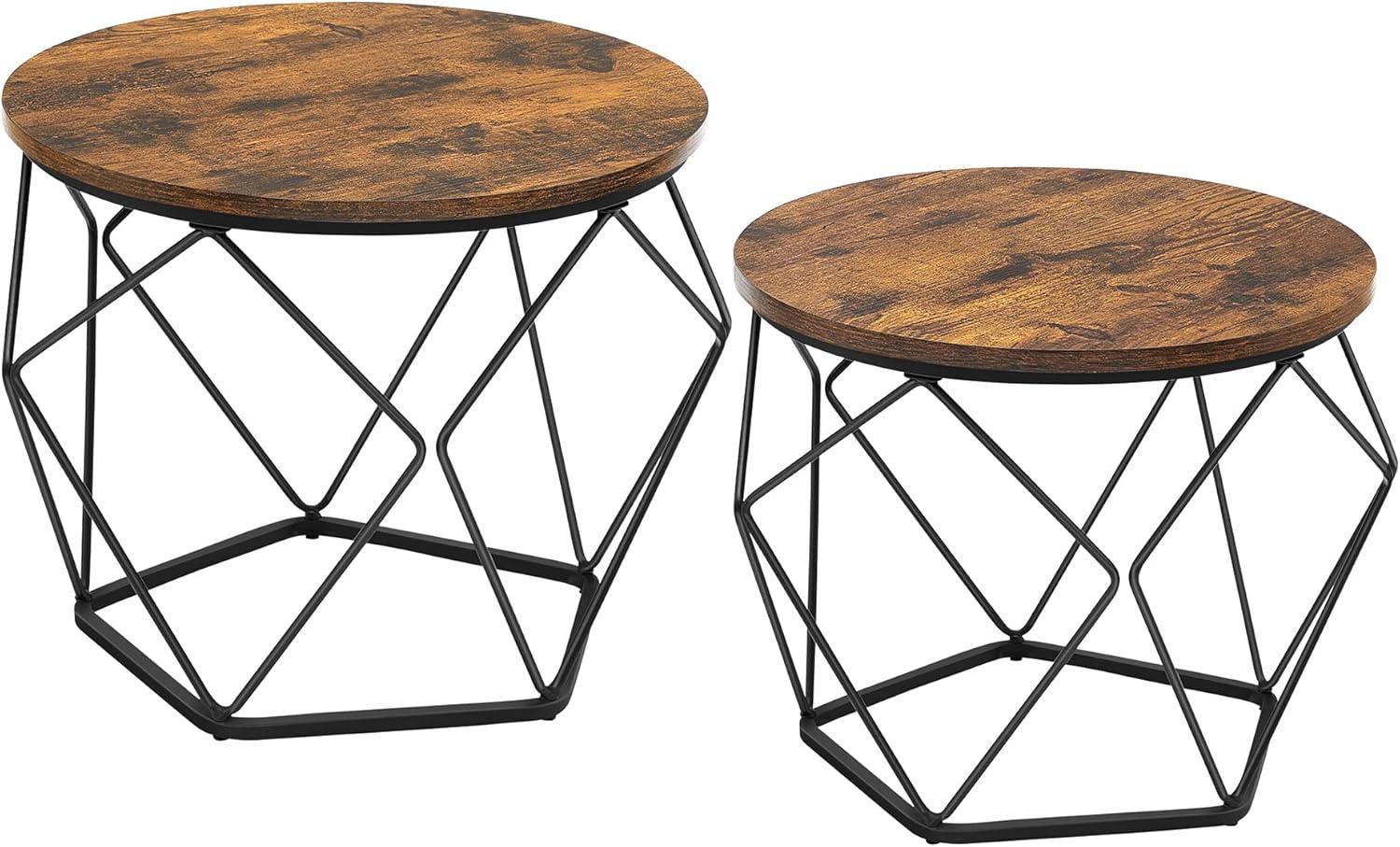 Sofaborde runde – VASAGLE, sæt af 2, moderne med aftagelig bordplade, stålstel, rustik brun/sort