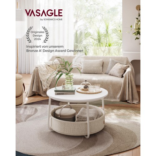 Sofabord rund med opbevaring stofkurv, metalstel, mat hvid/kamelbrun