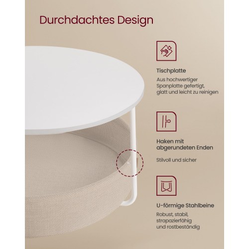 Sofabord rund med opbevaring stofkurv, metalstel, mat hvid/kamelbrun