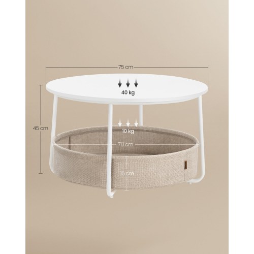 Sofabord rund med opbevaring stofkurv, metalstel, mat hvid/kamelbrun