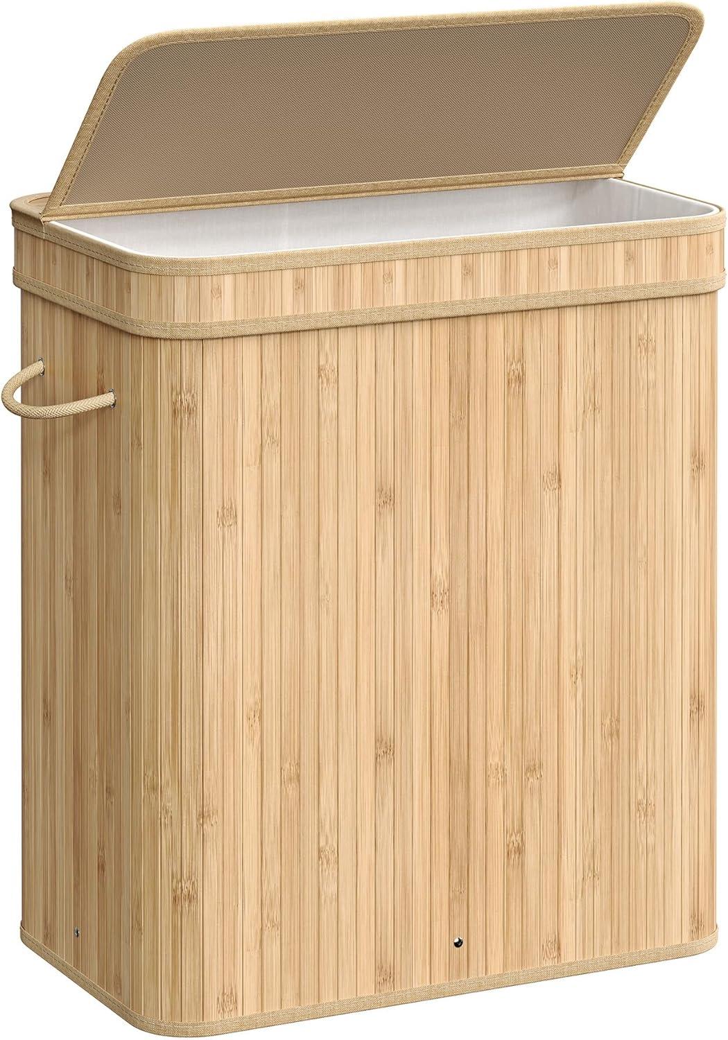 Vasketøjskurv med låg bambus, aftagelig og maskinvaskbar inderpose, 100 liter, natur/beige