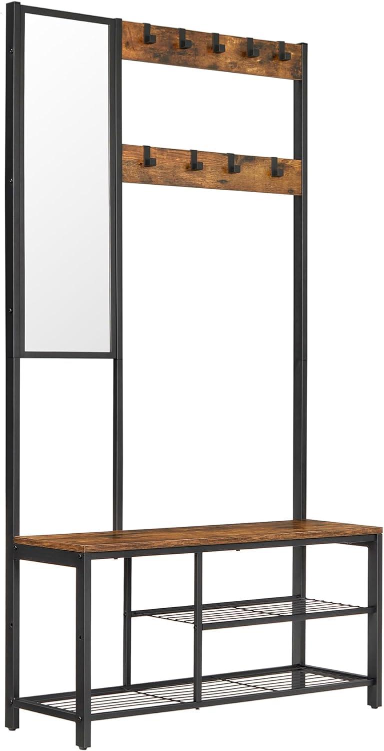 Entréreol med spejl og bænk – VASAGLE knagerække, skohylde og hylder, 36 × 98 × 185 cm, rustik brun/sort