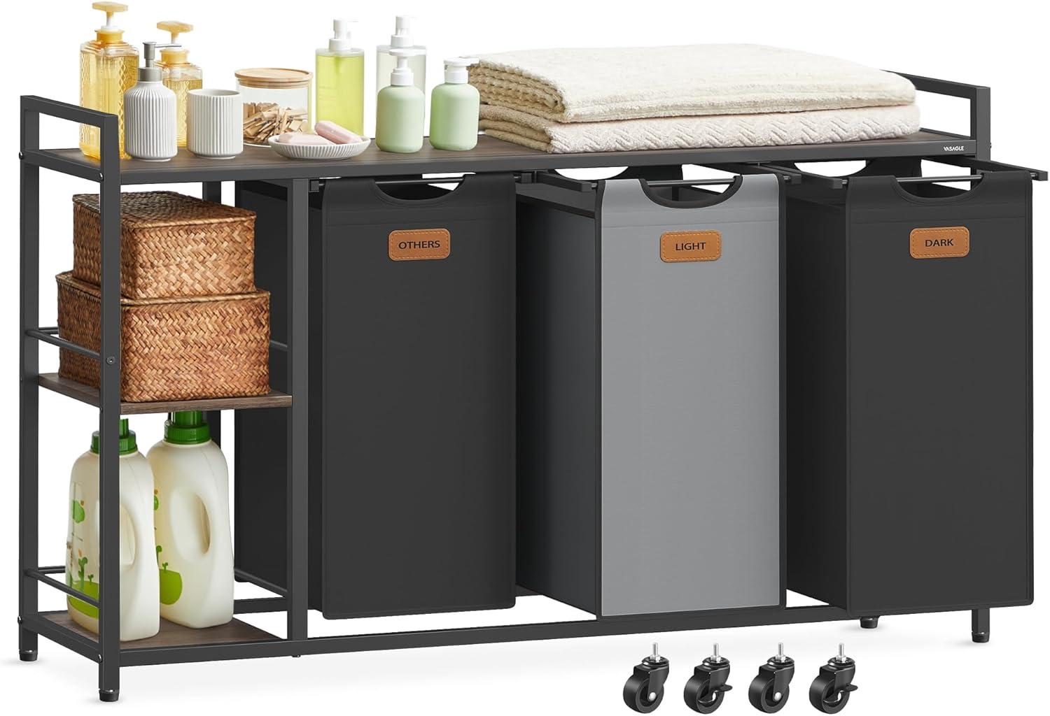 Vasketøjskurv med 3 rum – VASAGLE, 150 l sorter, rullevogn med hylder, aftagelige poser, 6 mærker, kastanjebrun/sort/duvegrå