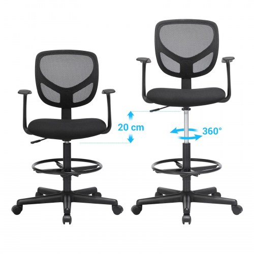 Kontorstol med fodring ergonomisk høj arbejdsstol, 55-75 cm, sort