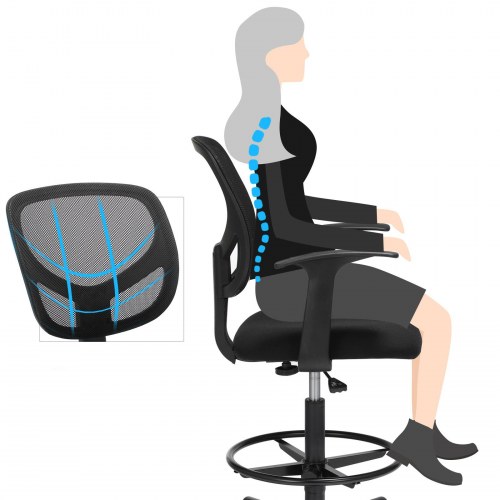 Kontorstol med fodring ergonomisk høj arbejdsstol, 55-75 cm, sort