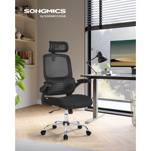 Kontorstol ergonomisk mesh med lændestøtte, justerbar nakkestøtte, vippefunktion, nedklappelige armlæn, høj ryg – Ink Black