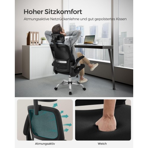 Kontorstol ergonomisk mesh med lændestøtte, justerbar nakkestøtte, vippefunktion, nedklappelige armlæn, høj ryg – Ink Black