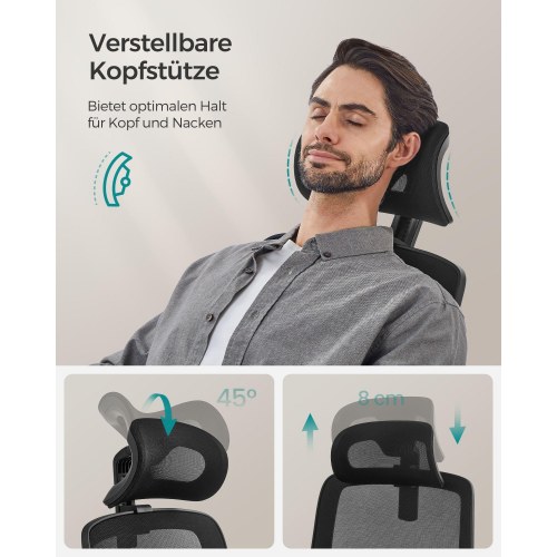 Kontorstol ergonomisk mesh med lændestøtte, justerbar nakkestøtte, vippefunktion, nedklappelige armlæn, høj ryg – Ink Black