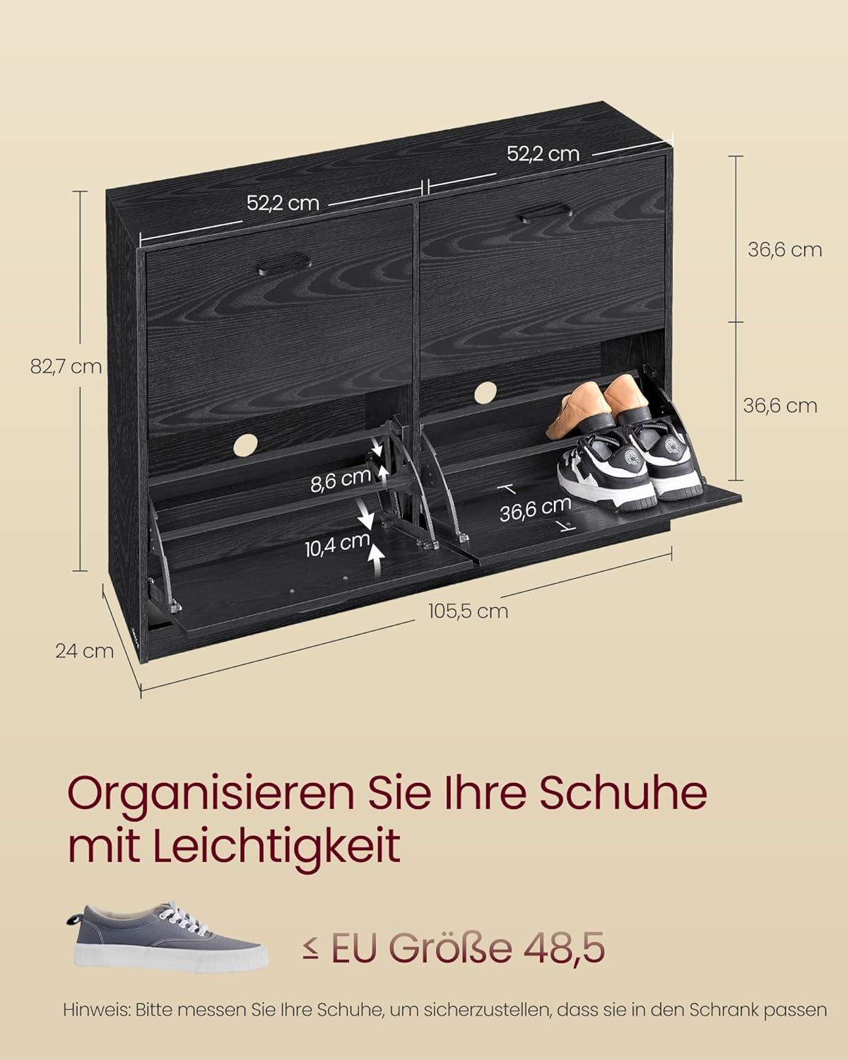 Skoskab med klaplåger 4 rum, justerbare skilleplader, 16-28 par, 24 × 105,5 × 82,7 cm, ibenholt-sort