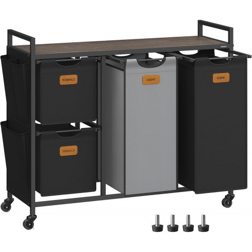 Vasketøjskurv med 4 rum 150 l sorter, rullevogn med hylder, aftagelige poser, 6 mærker, kastanjebrun/sort/duvegrå