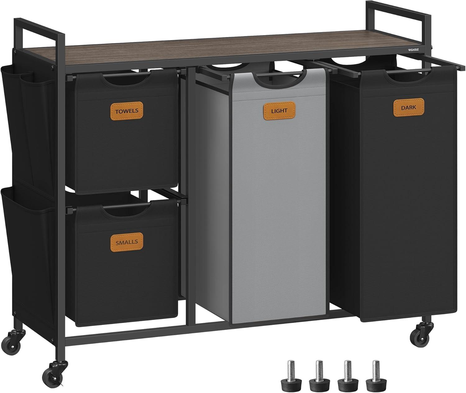 Vasketøjskurv med 4 rum – VASAGLE, 150 l sorter, rullevogn med hylder, aftagelige poser, 6 mærker, kastanjebrun/sort/duvegrå