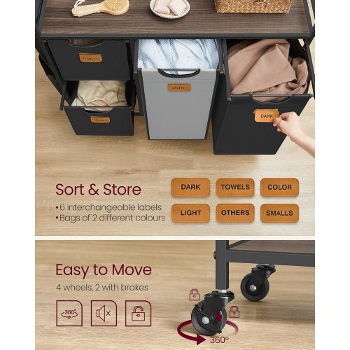 Vasketøjskurv med 4 rum 150 l sorter, rullevogn med hylder, aftagelige poser, 6 mærker, kastanjebrun/sort/duvegrå
