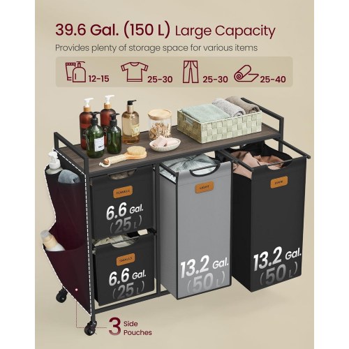 Vasketøjskurv med 4 rum 150 l sorter, rullevogn med hylder, aftagelige poser, 6 mærker, kastanjebrun/sort/duvegrå