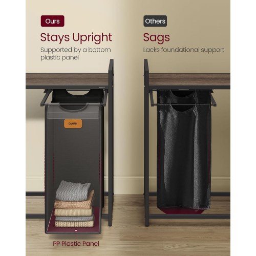 Vasketøjskurv med 4 rum 150 l sorter, rullevogn med hylder, aftagelige poser, 6 mærker, kastanjebrun/sort/duvegrå