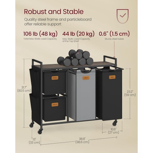 Vasketøjskurv med 4 rum 150 l sorter, rullevogn med hylder, aftagelige poser, 6 mærker, kastanjebrun/sort/duvegrå