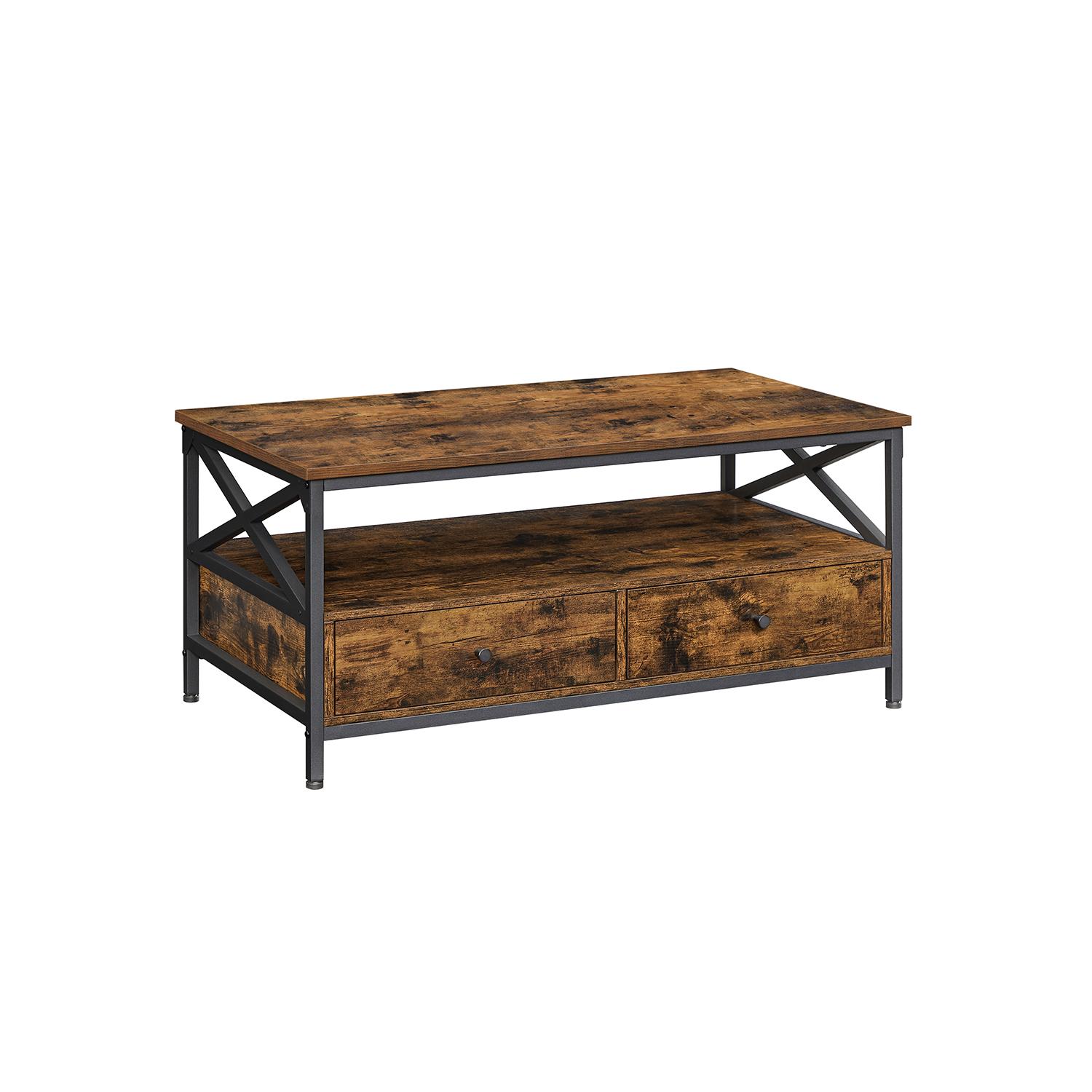 Sofabord industrielt, 2 skuffer, åbent hylderum, X-stel i stål, 100 × 55 × 45 cm, rustik brun/sort billede