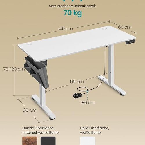 Hæve-sænkebord elektrisk – SONGMICS, 60 × 140 cm, 72–120 cm, hukommelse, Cloud White