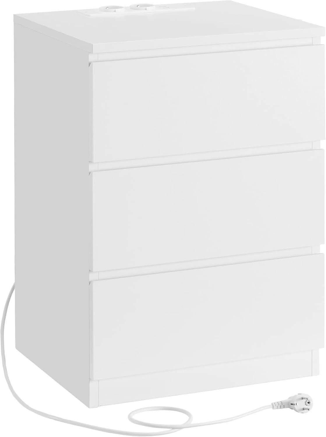 Sengebord med 3 skuffer – VASAGLE, skrå kant, 2 strømudtag & 2 USB-porte, Cloud White