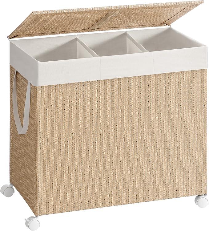 Vasketøjskurv på hjul HOME, 3 rum, 140 l, låg, aftagelig inderpose, natur beige/mat hvid