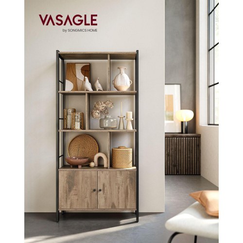 Bogreol stor reol med låger, 4 hylder, stålramme, industriel stil, ristet eg/sort