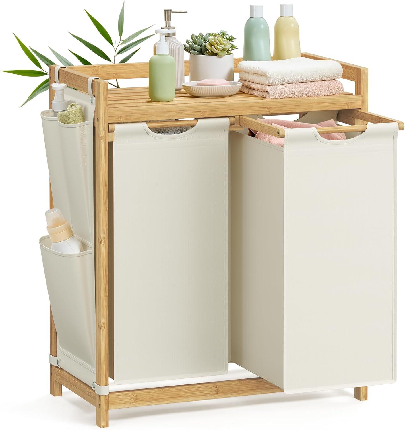 Vasketøjskurv med 2 rum bambus, 100 l med hylde og sidelommer, cremehvid 63 × 33 × 78 cm