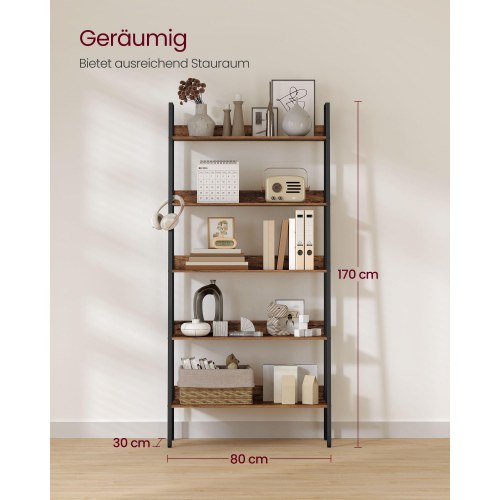 Bogreol stige 5 hylder industrielt look, rustik brun/sort